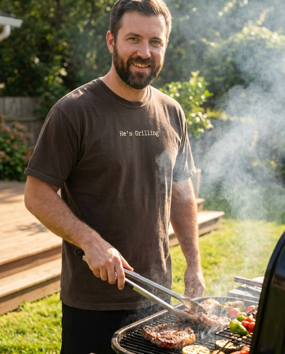 He's Grilling tee in espresso color worn grilling