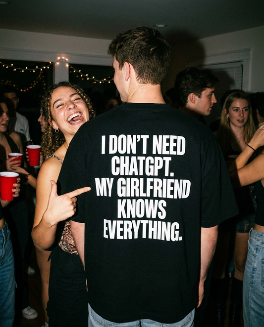 Girlfriend pointing at ChatGPT tee back print at party