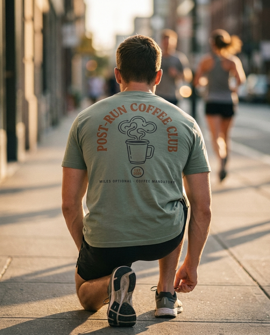 Post-Run Coffee Club tee back print, runner tying shoe at golden hour