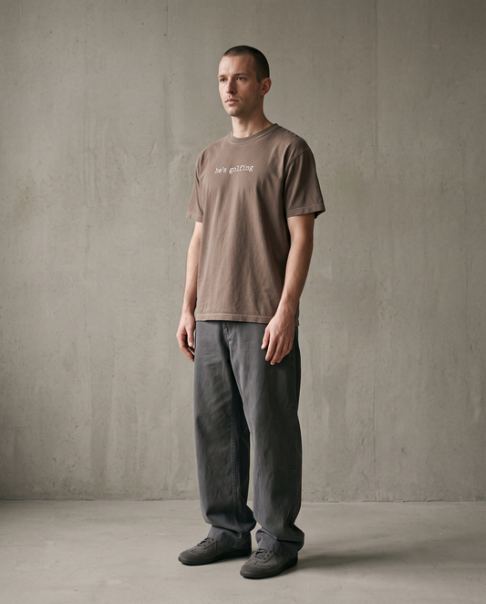 He's Golfing tee worn, espresso, editorial fit shot