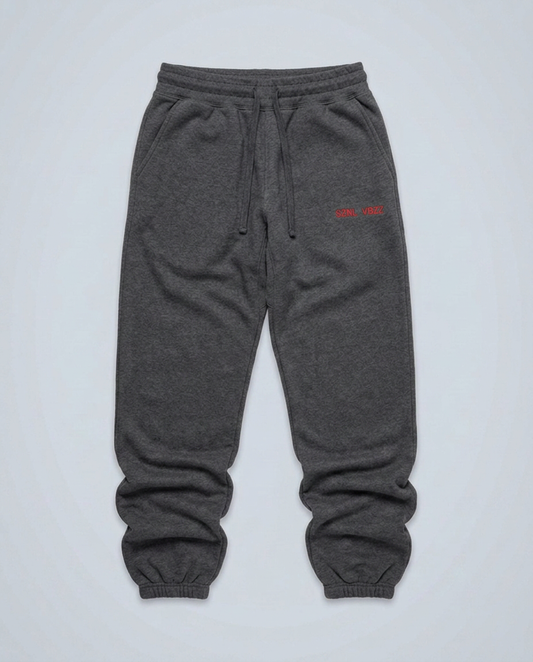 SZNL VBZZ embroidered sweatpants, carbon grey, oversized fit, red hip stitch, studio flat lay
