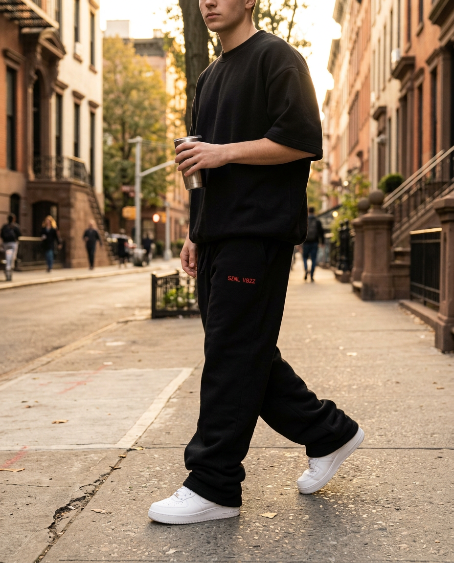 Oversized black SZNL VBZZ embroidered sweatpants street style