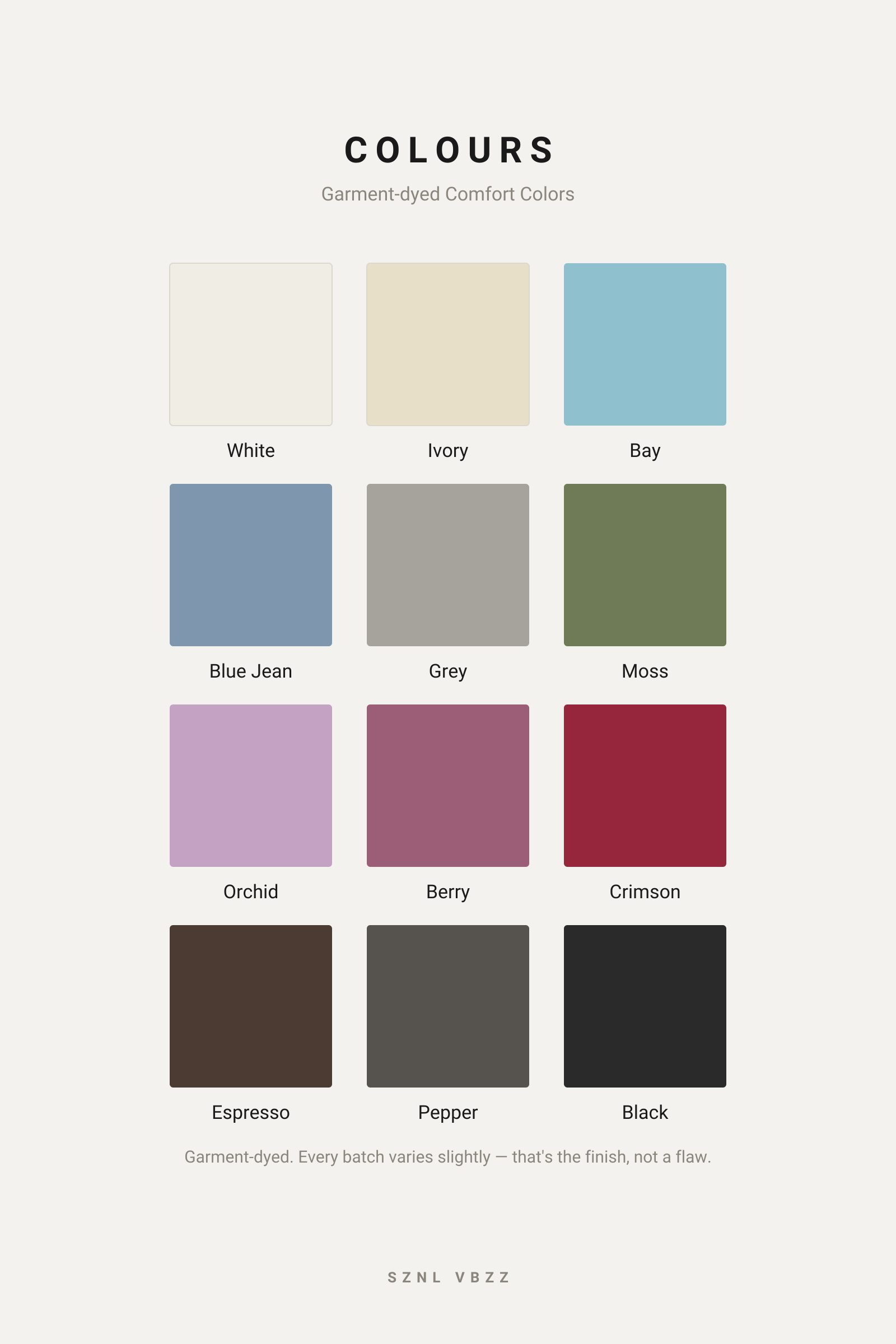 Colour guide — garment-dyed Comfort Colors shades
