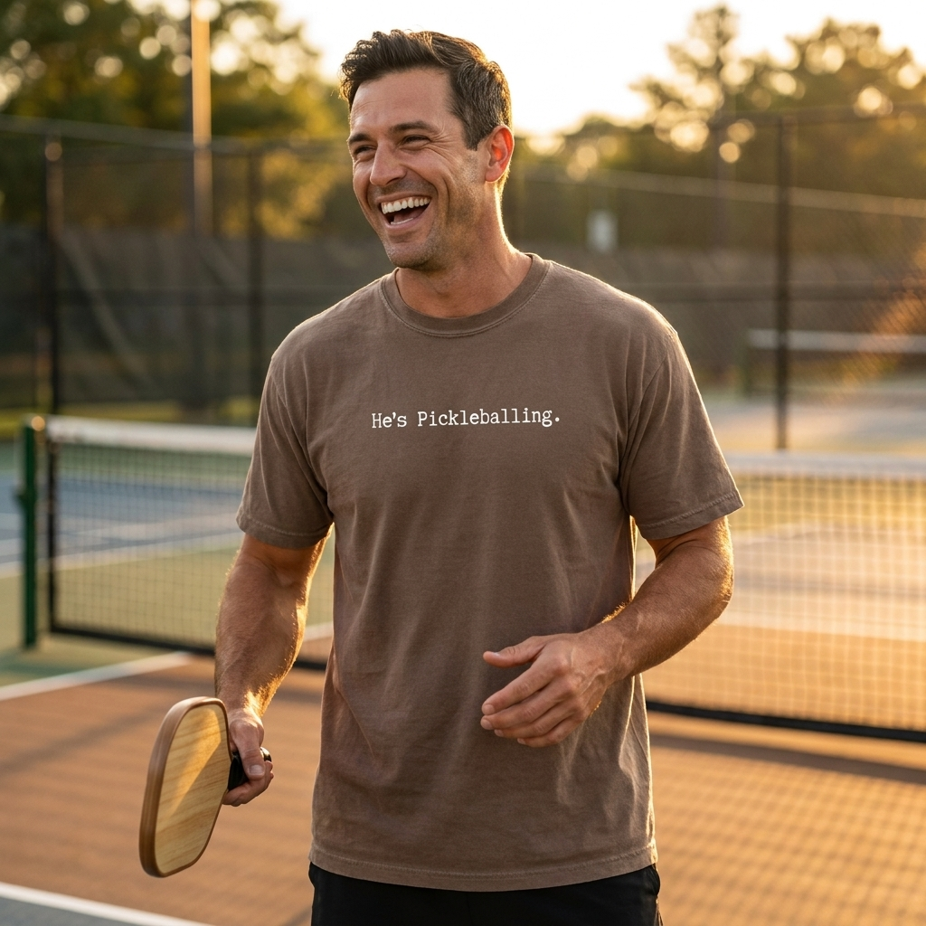 Man wearing He's Pickleballing tee on pickleball court