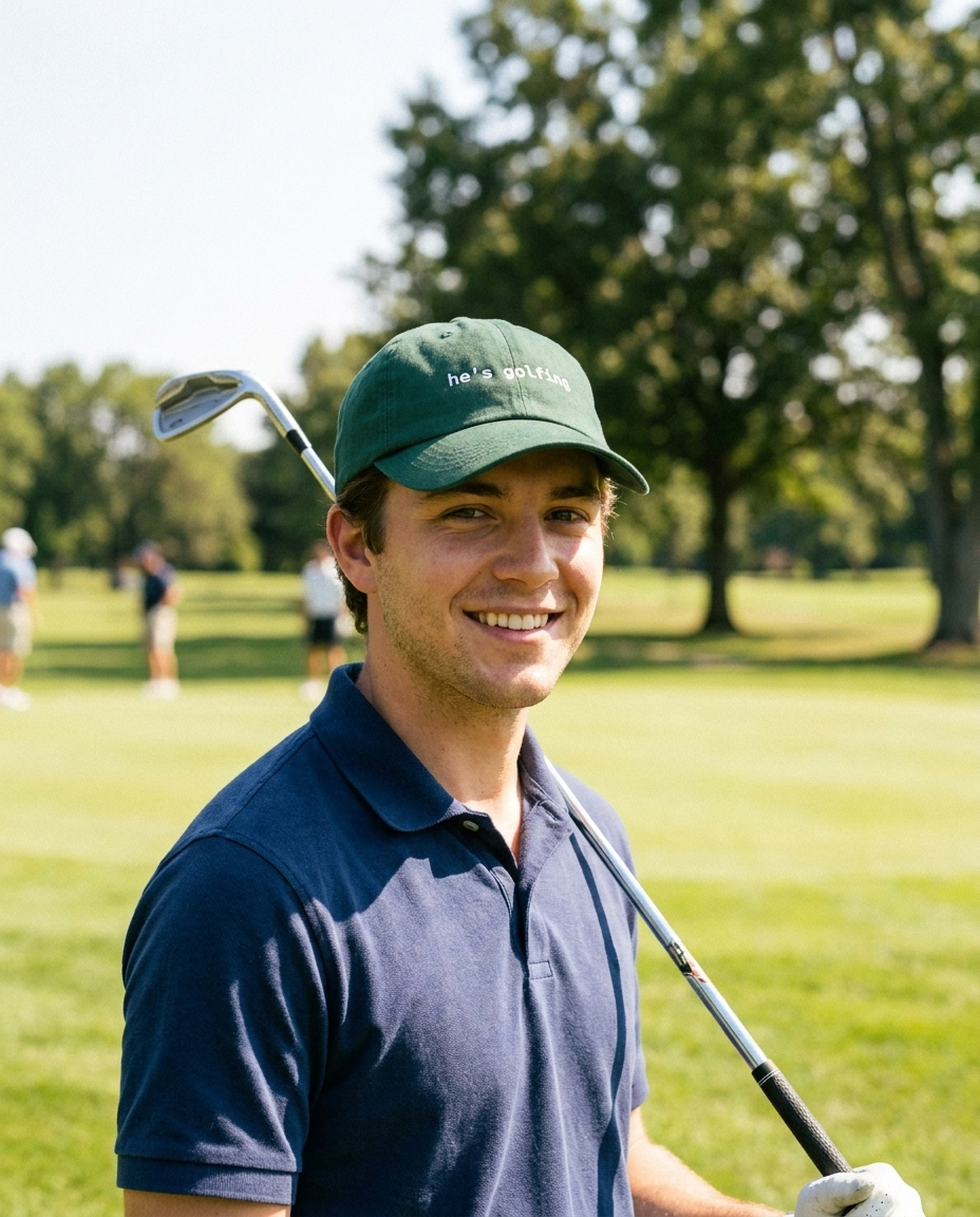 Man on golf course wearing the He's Golfing dad hat