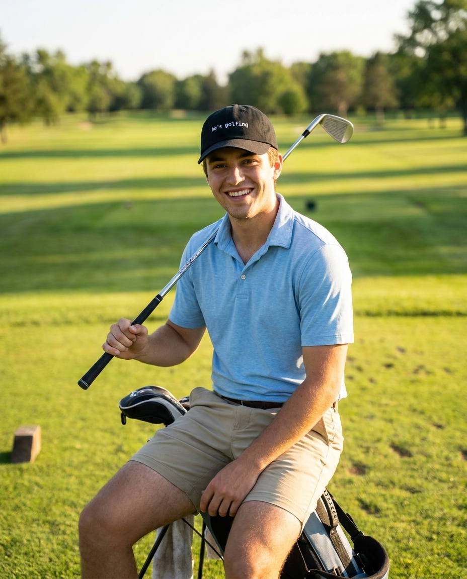 Man golfing in the black He's Golfing dad hat
