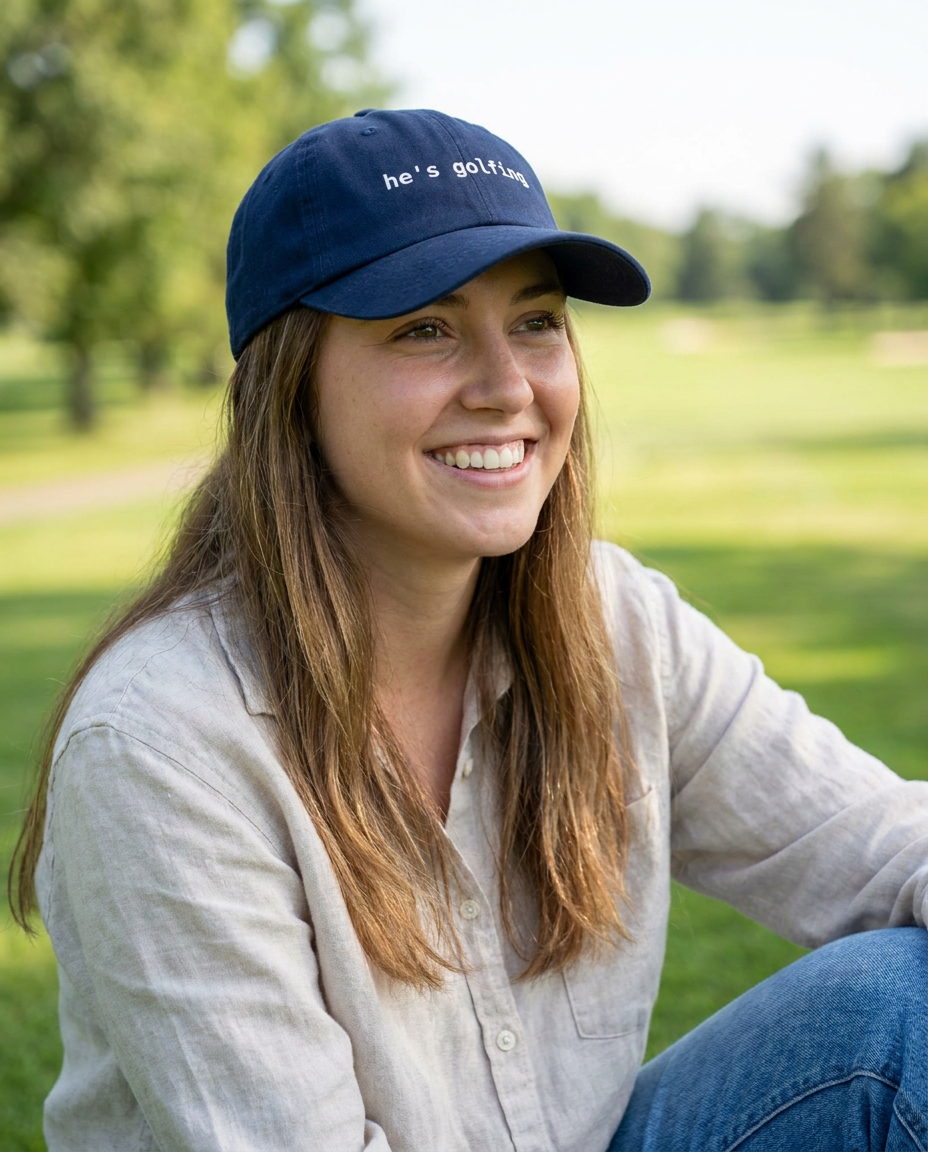 Woman wearing the navy He's Golfing dad hat outdoors