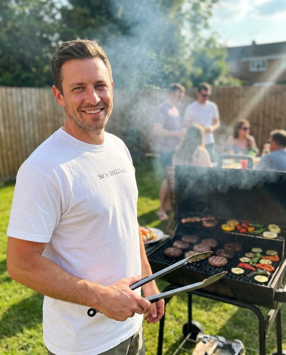 He's Grilling funny BBQ tee worn at summer cookout