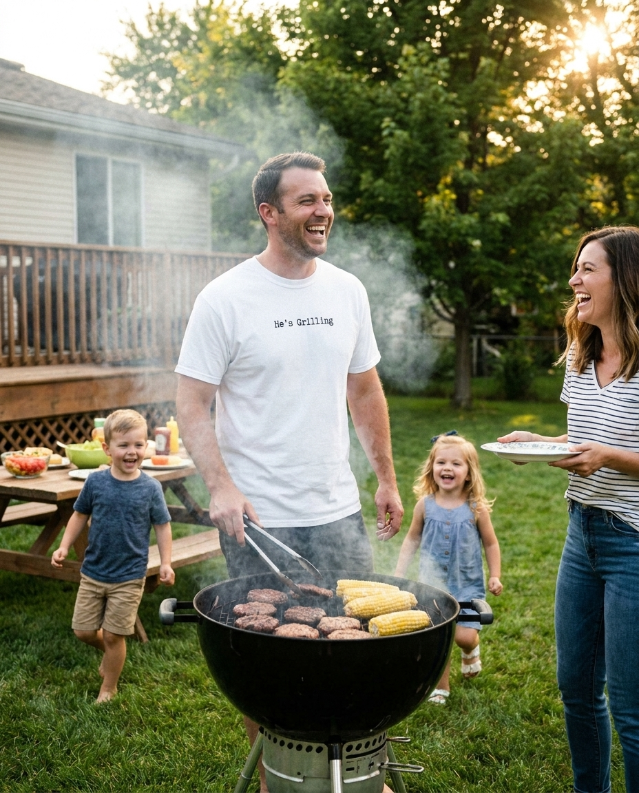 Dad in He's Grilling tee at family backyard BBQ