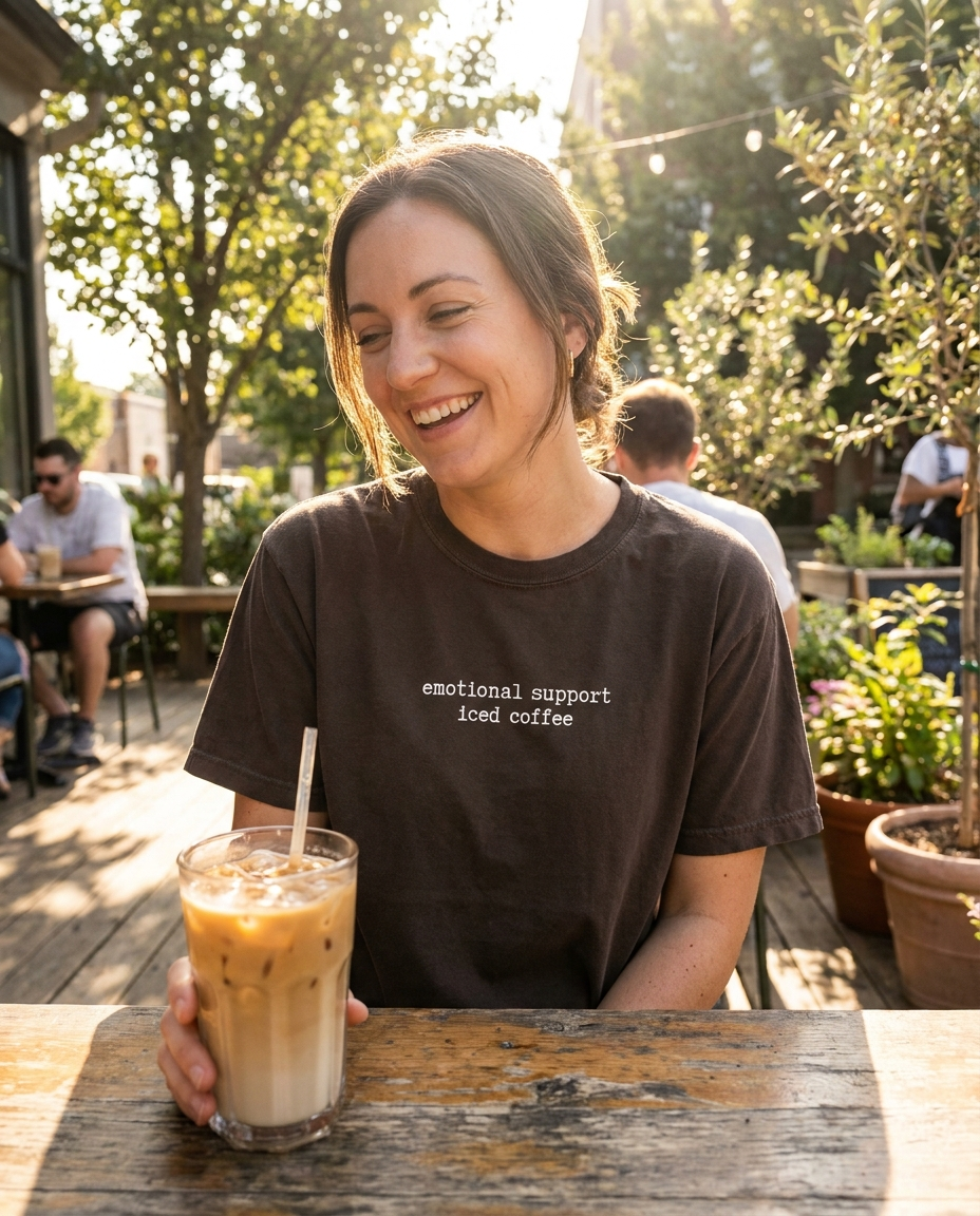Woman at cafe patio wearing emotional support iced coffee tee