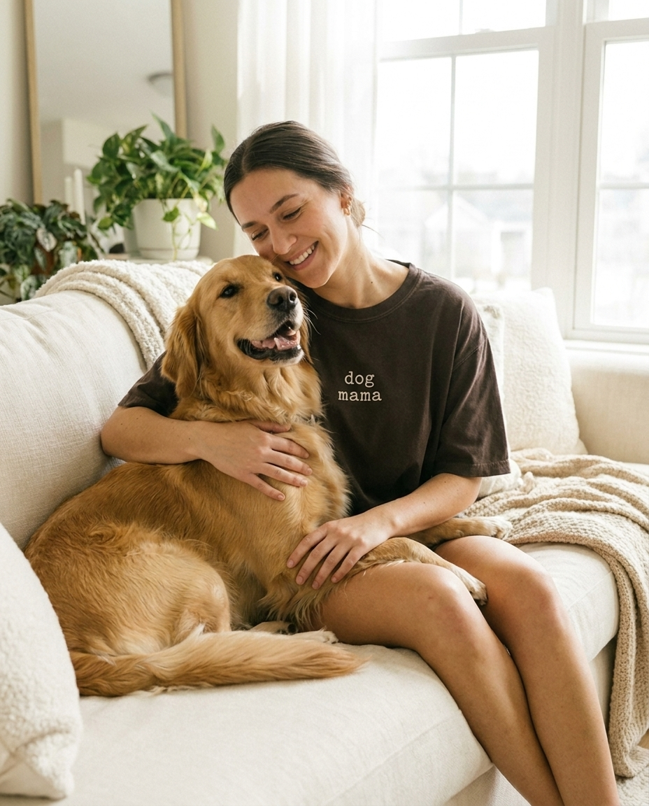 Woman hugging golden retriever wearing espresso dog mama Comfort Colors tee
