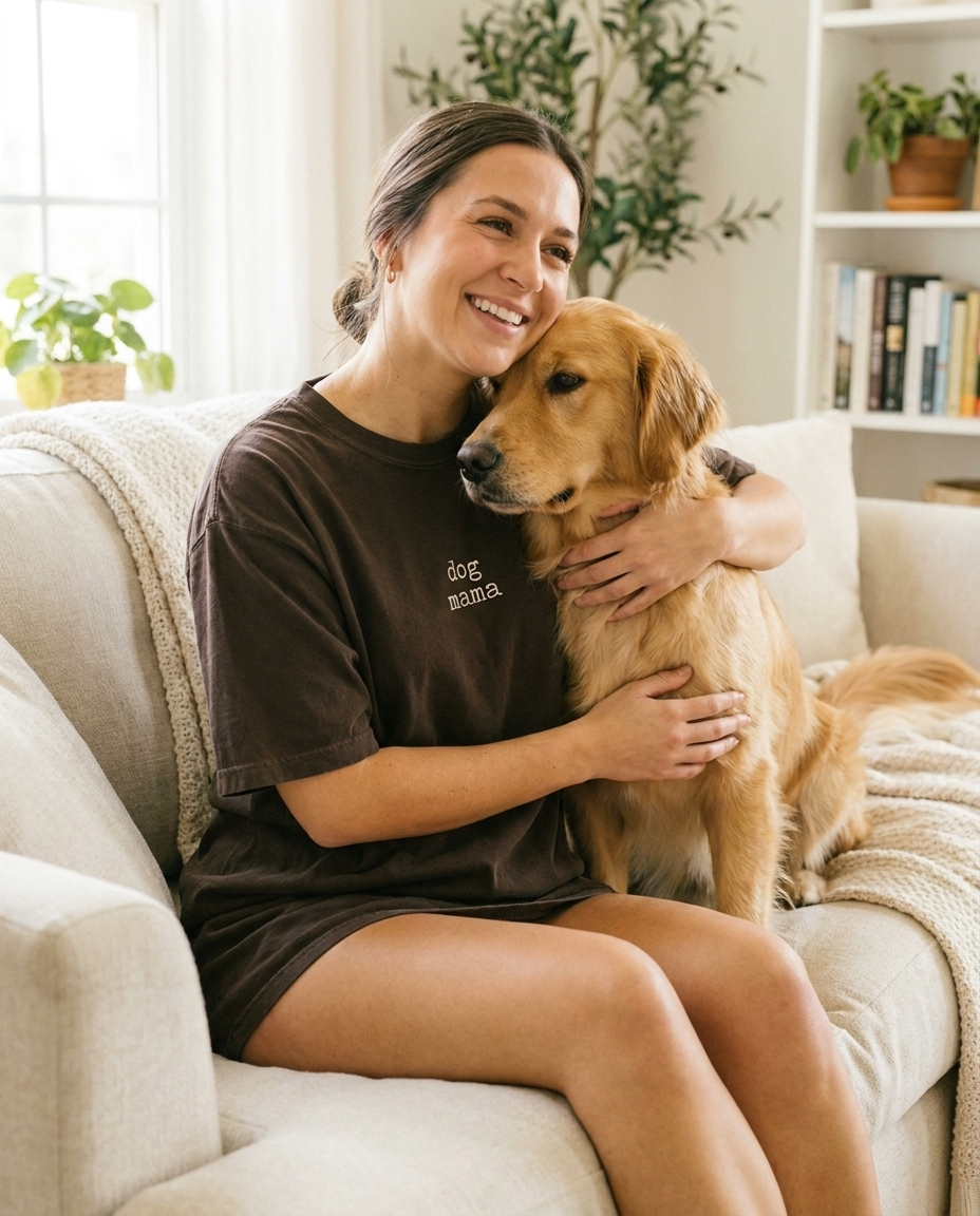 Dog mama tee on couch with golden retriever