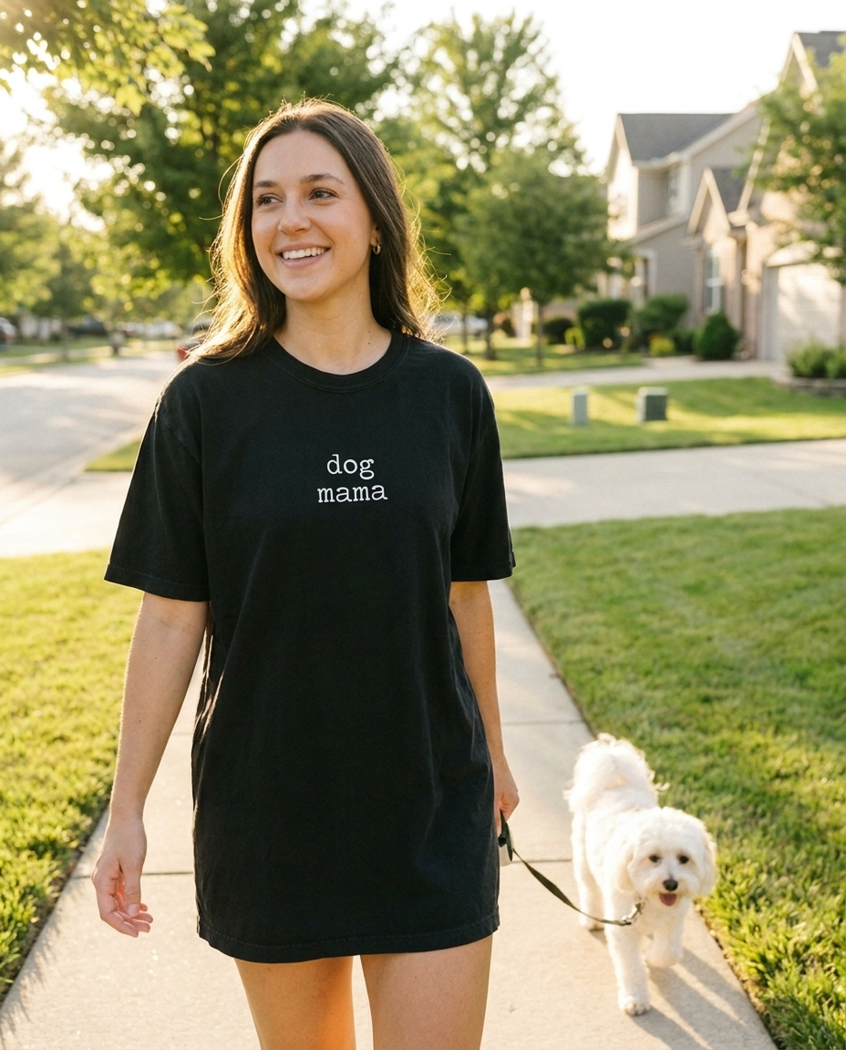 Woman walking dog wearing black dog mama Comfort Colors tee