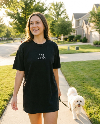 Woman walking dog wearing black dog mama Comfort Colors tee