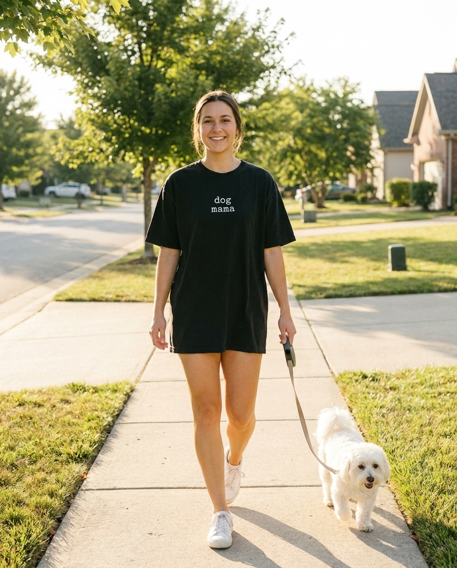 Black dog mama tee with white print, morning dog walk
