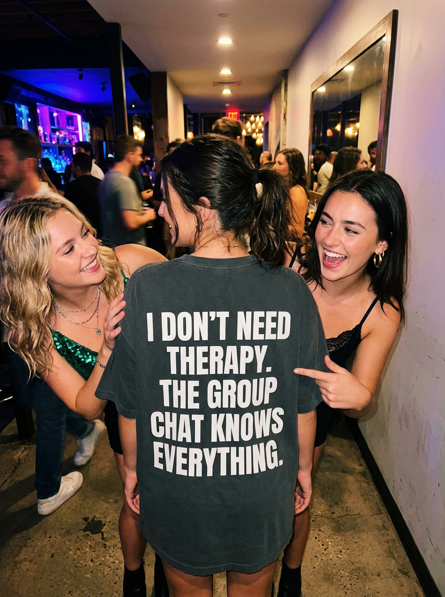 Group chat knows everything oversized tee back print girls night