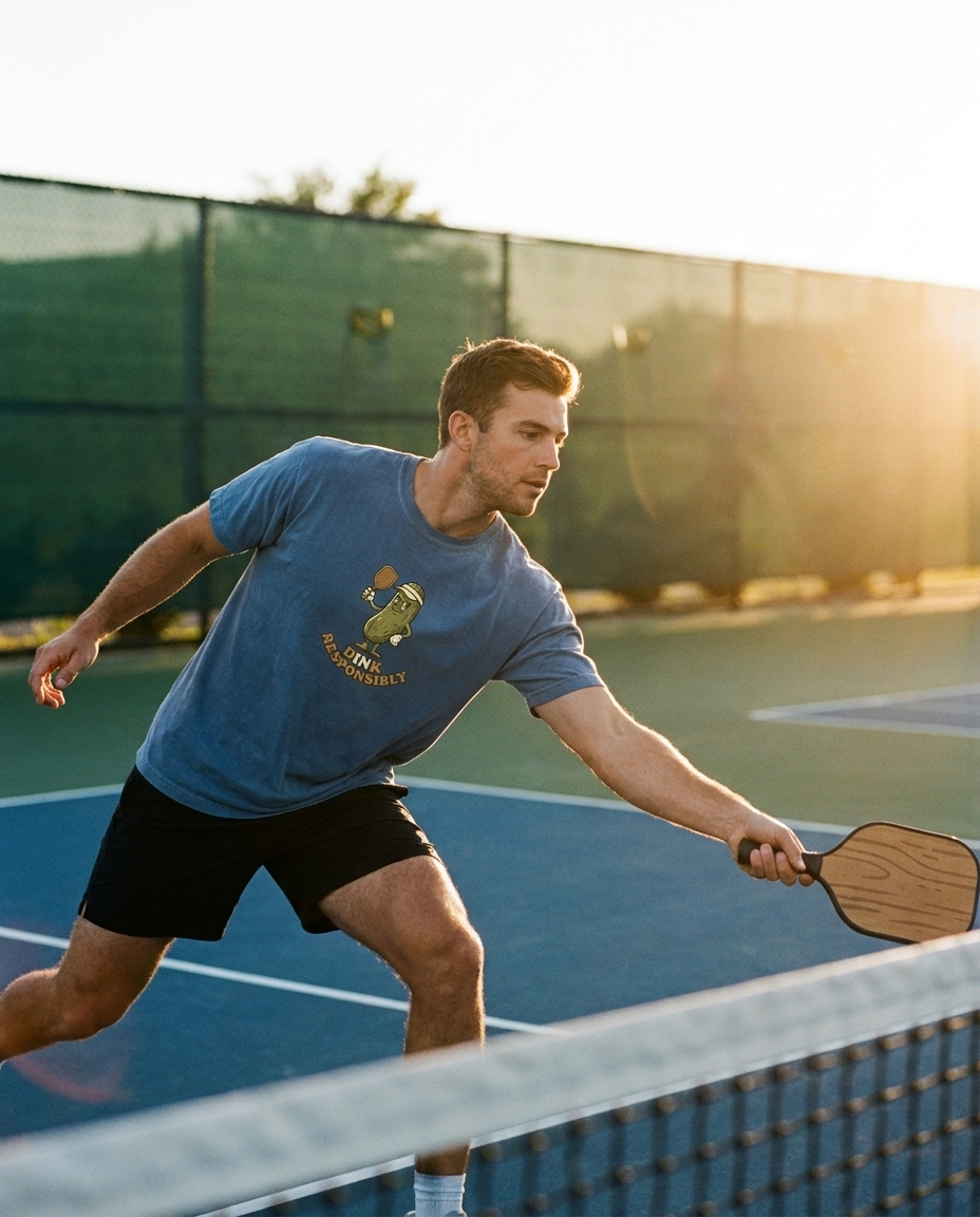 Man playing pickleball in Dink Responsibly tee at golden hour