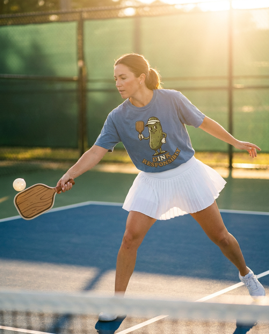Woman playing pickleball in Dink Responsibly tee