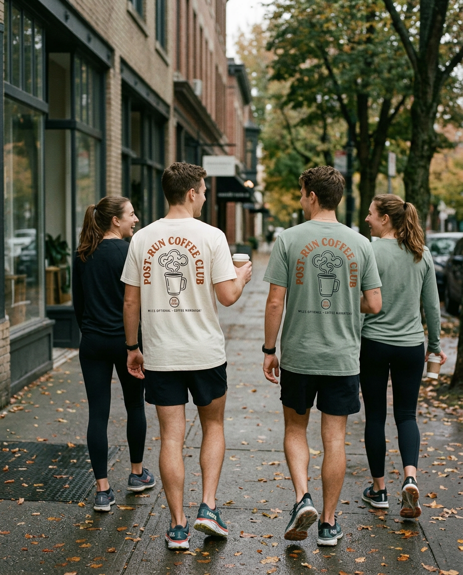 Run club friends walking with coffee wearing Post-Run Coffee Club tees