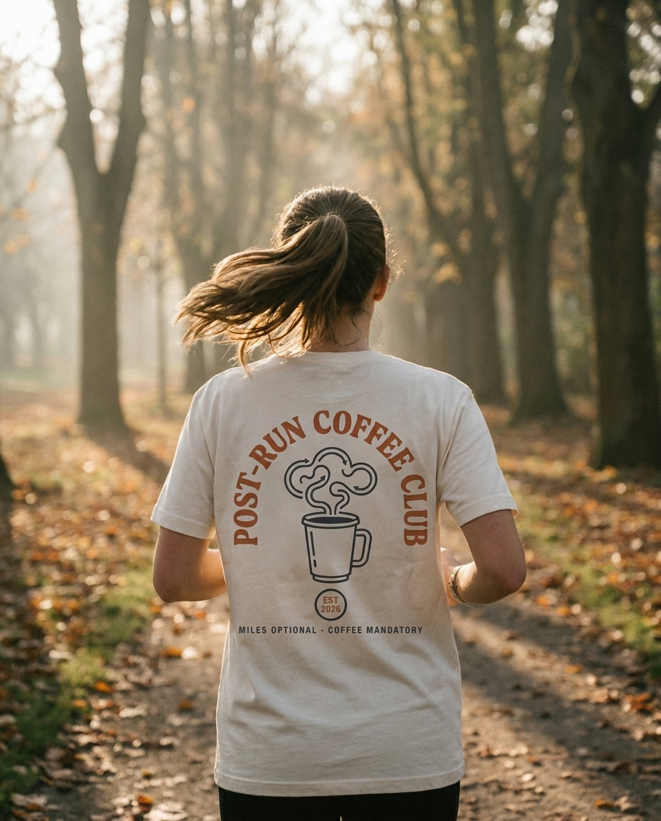 Woman running on autumn park path wearing Post-Run Coffee Club tee