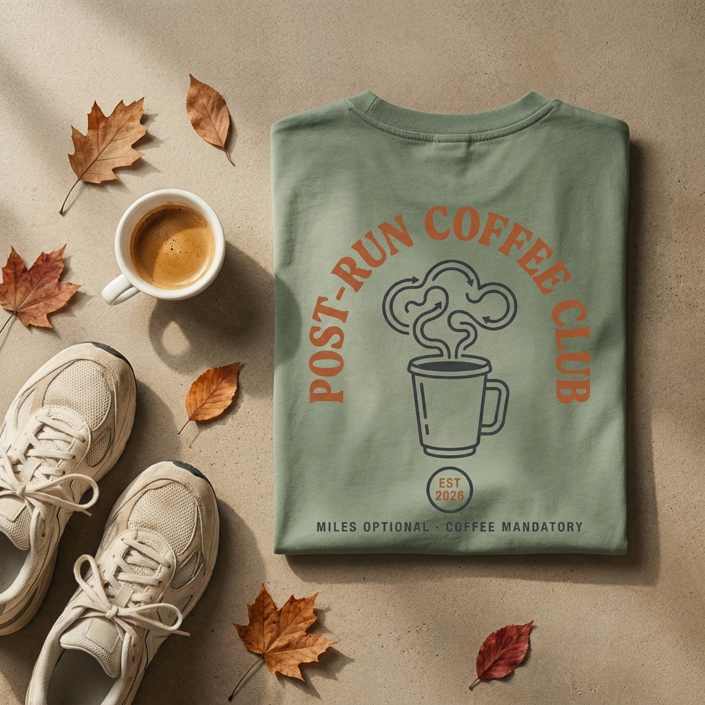 Post-Run Coffee Club tee flat lay with espresso and running shoes