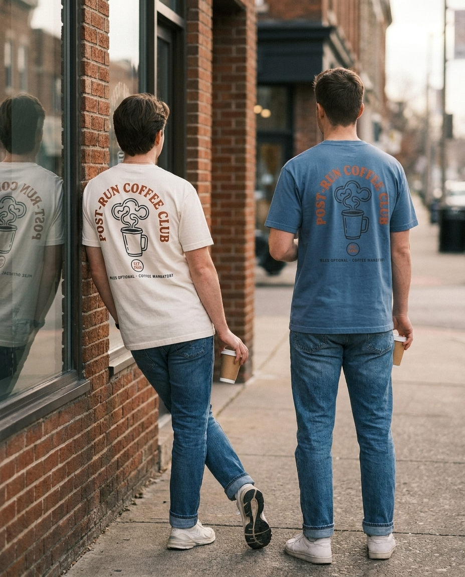 Two friends outside coffee shop in Ivory and Blue Jean Post-Run Coffee Club tees