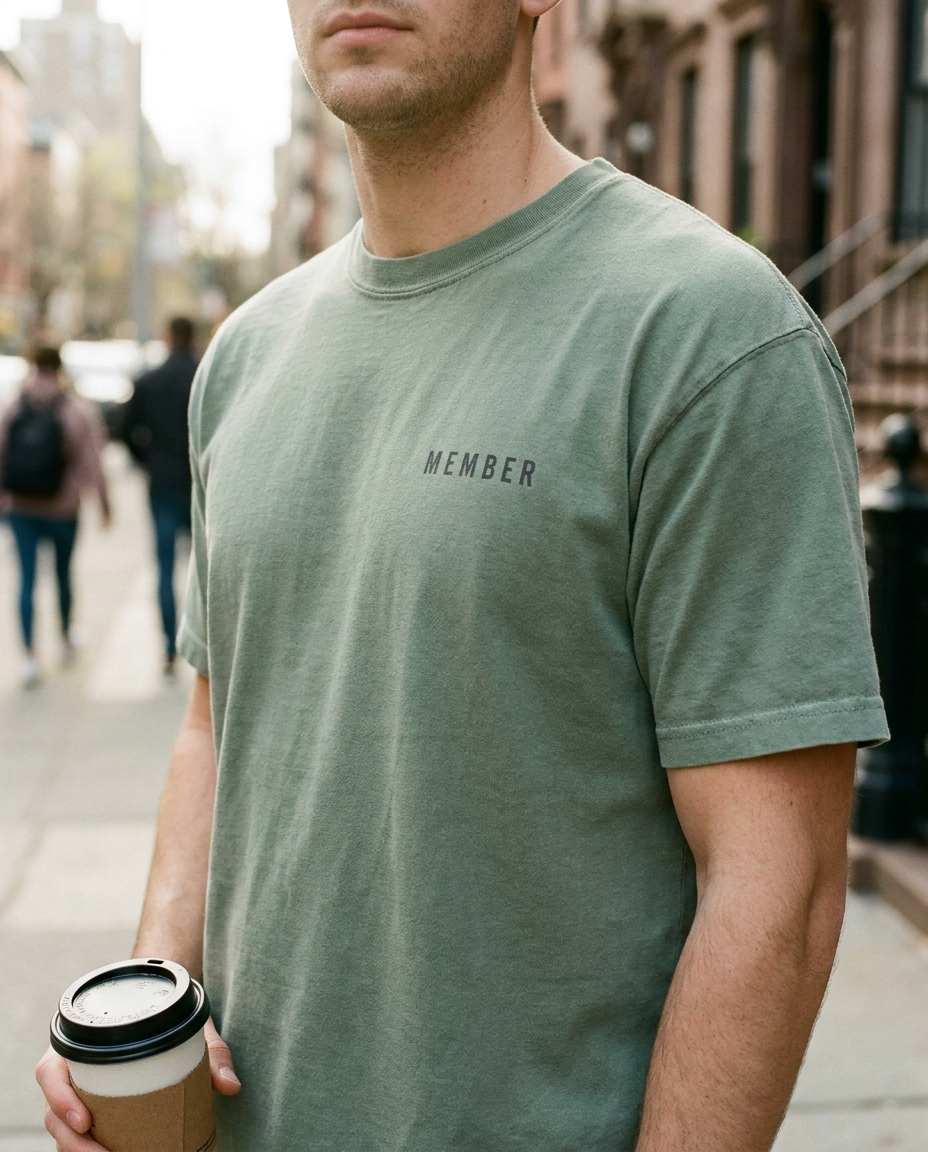 Front of Post-Run Coffee Club tee showing small MEMBER chest print in sage green