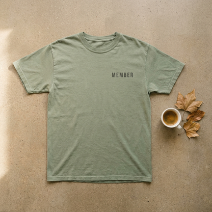 Post-Run Coffee Club tee front flat lay with MEMBER chest print and espresso