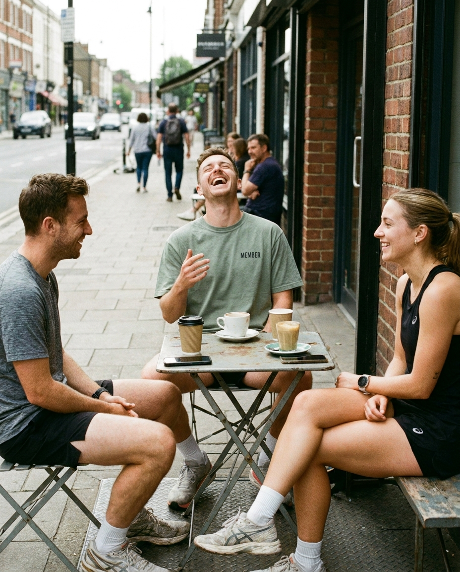 Friends laughing at a coffee shop table after a run, MEMBER chest print visible