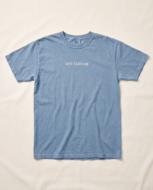 He's Fishing tee, blue jean flat lay