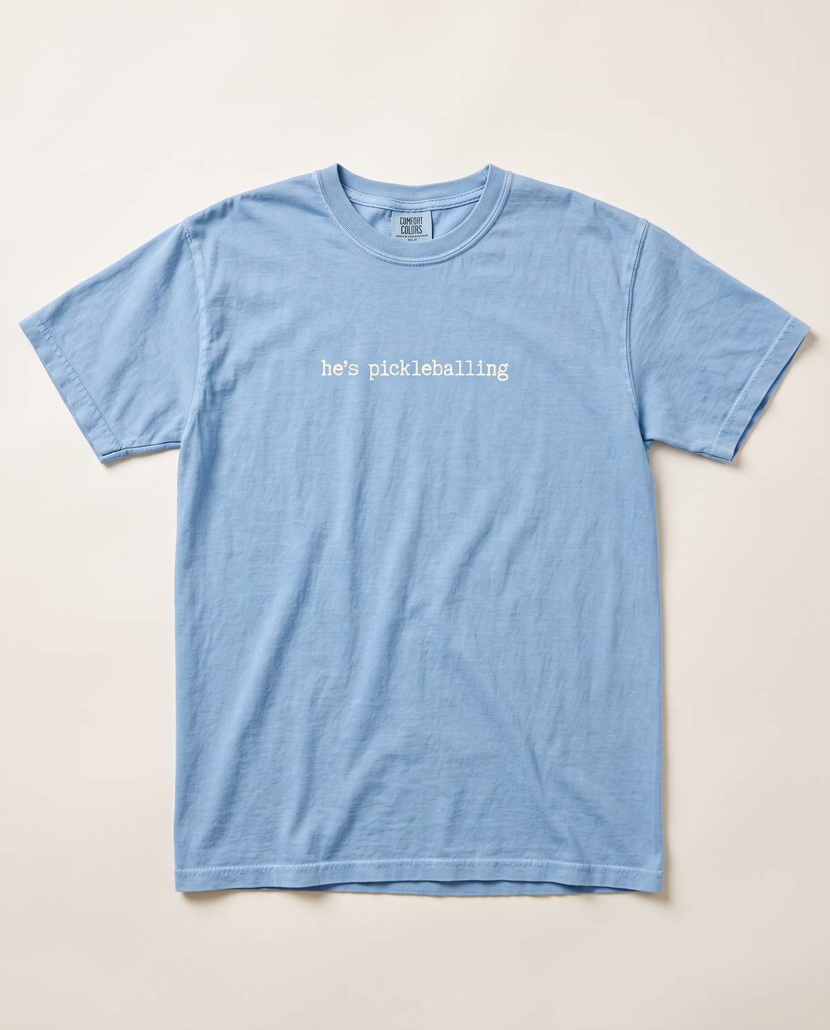 He's Pickleballing tee, bay blue flat lay