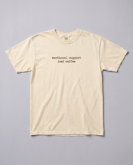 Emotional Support Iced Coffee tee, ivory flat lay