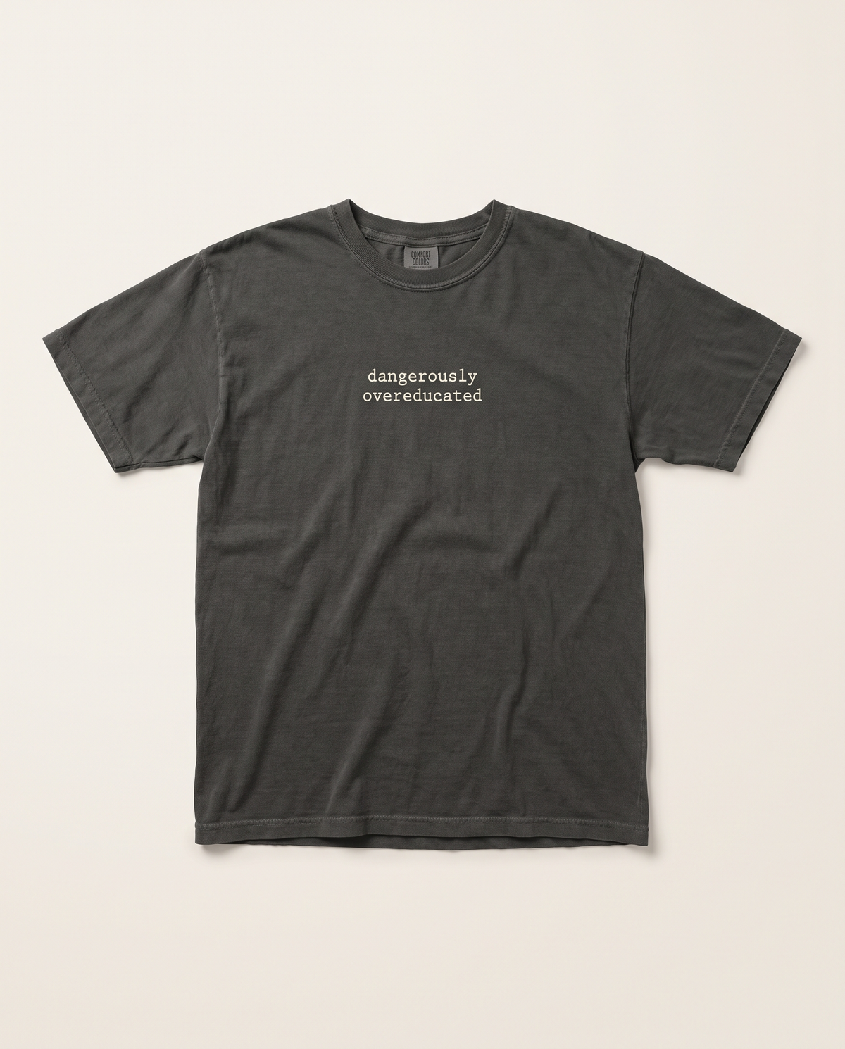 Dangerously Overeducated tee, pepper grey flat lay