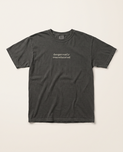 Dangerously Overeducated tee, pepper grey flat lay