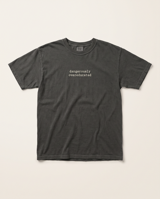 Dangerously Overeducated tee, pepper grey flat lay