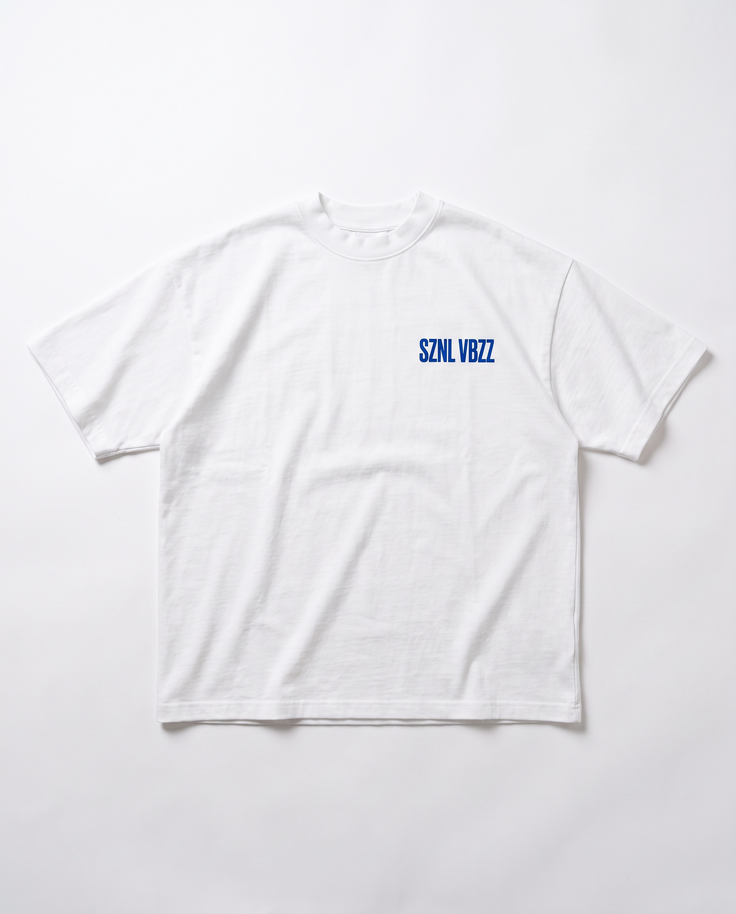 Tell Your Parents tee — front, blue SZNL VBZZ chest mark