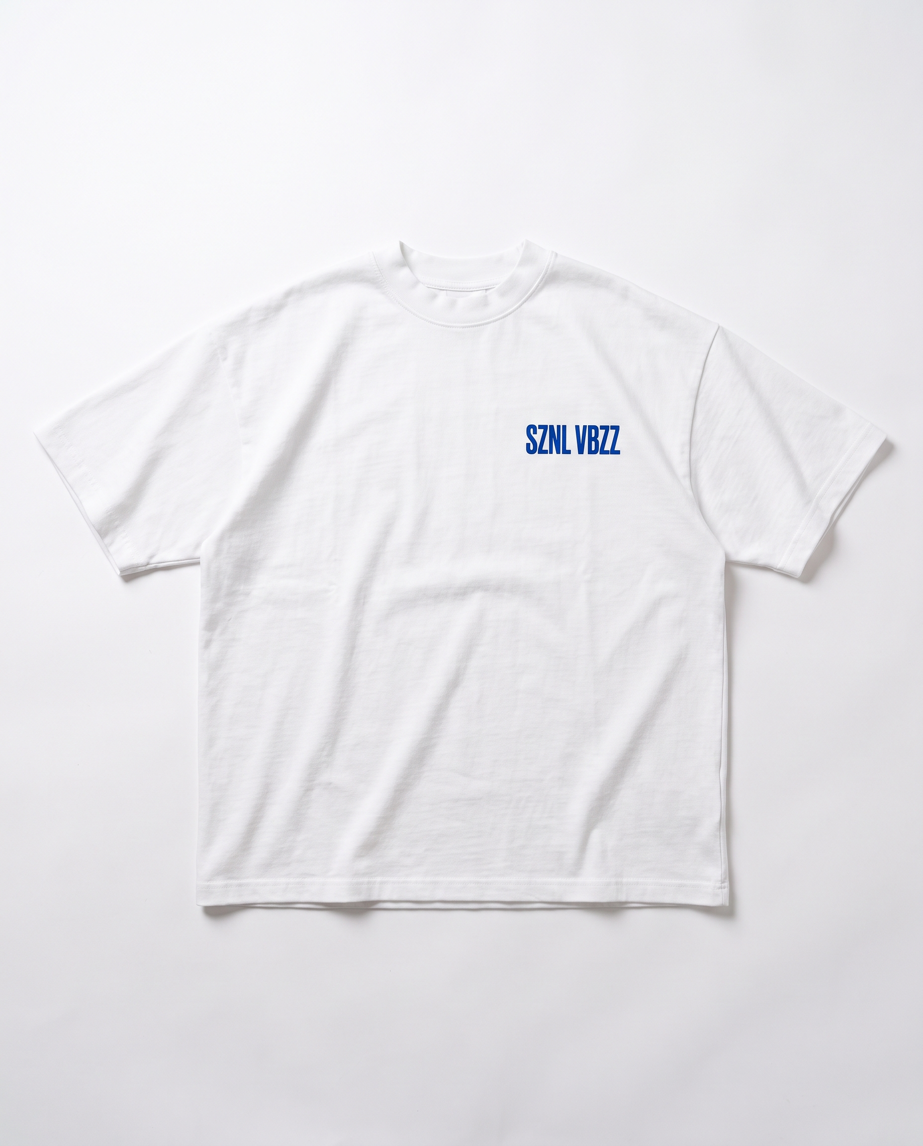 Tell Your Parents tee — front, blue SZNL VBZZ chest mark