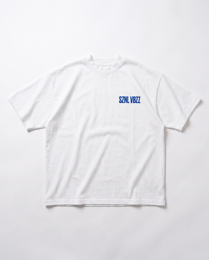 Tell Your Parents tee — front, blue SZNL VBZZ chest mark