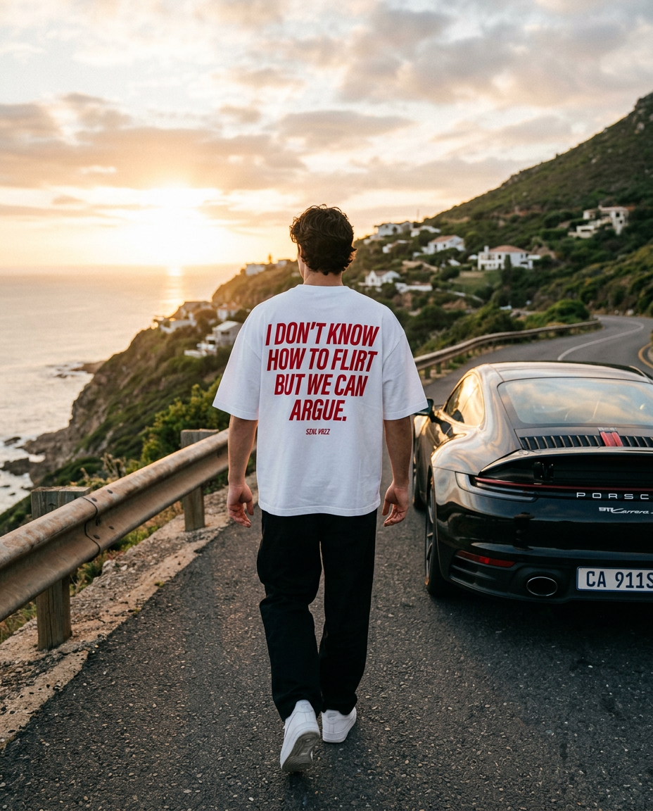 Man wearing the white tee with red back print on a coastal road at sunset