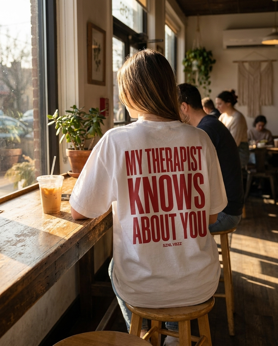 My Therapist Knows About You back print tee at a cafe with iced coffee