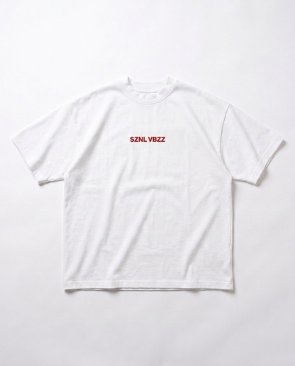 My Therapist Knows About You tee — front, red SZNL VBZZ chest mark