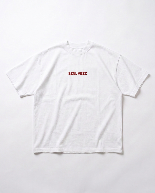My Therapist Knows About You tee — front, red SZNL VBZZ chest mark