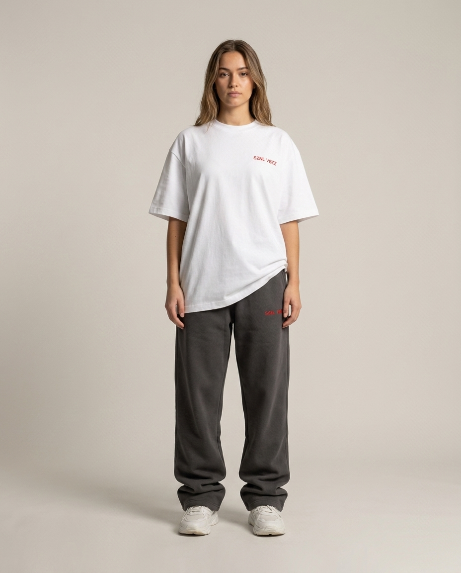 Full SZNL VBZZ set, oversized white tee and baggy grey embroidered sweatpants