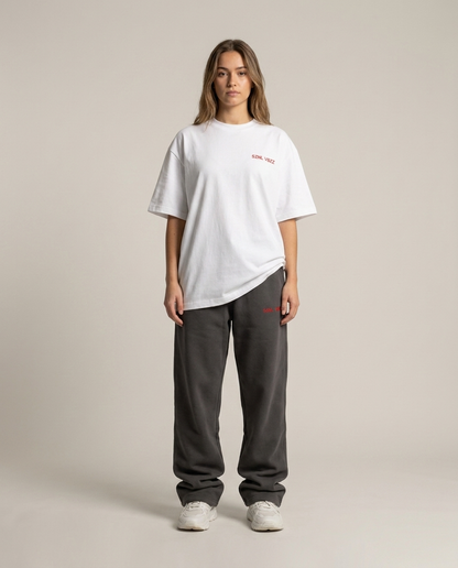 Full SZNL VBZZ set, oversized white tee and baggy grey embroidered sweatpants