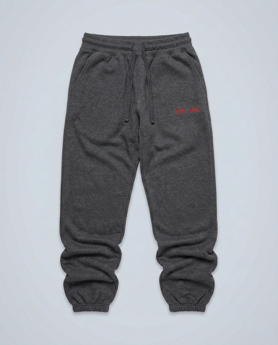 SZNL VBZZ embroidered sweatpants, carbon grey, oversized fit, red hip stitch, studio flat lay