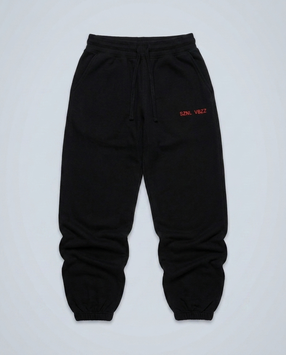 SZNL VBZZ embroidered sweatpants, black, oversized fit, red hip stitch, studio flat lay