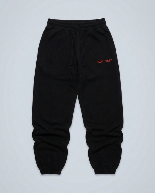 SZNL VBZZ embroidered sweatpants, black, oversized fit, red hip stitch, studio flat lay