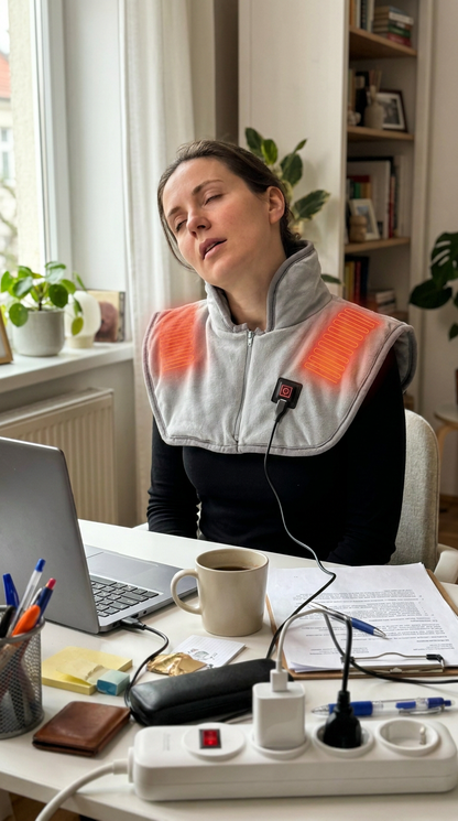 Wearing the heated wrap at a desk after a long day