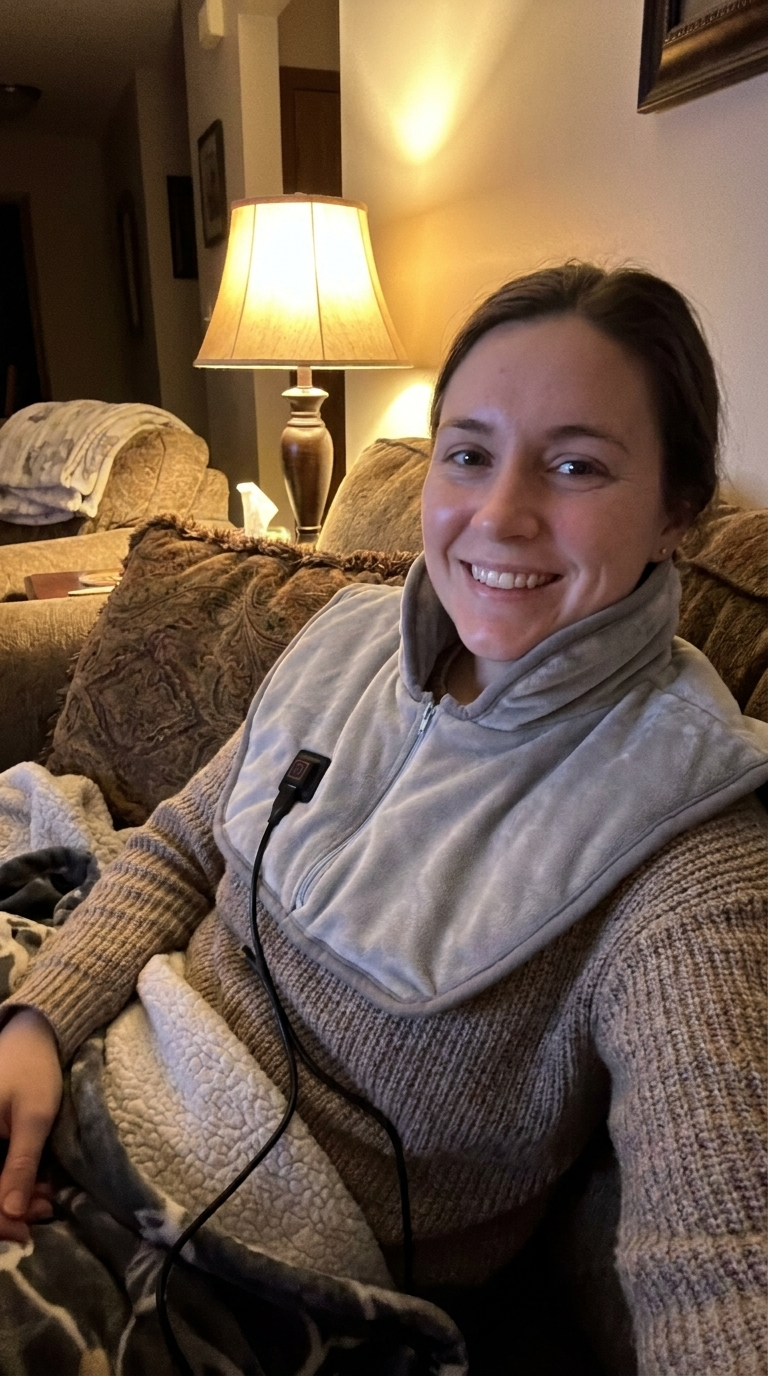 Relaxing on the couch in the heated neck and shoulder wrap
