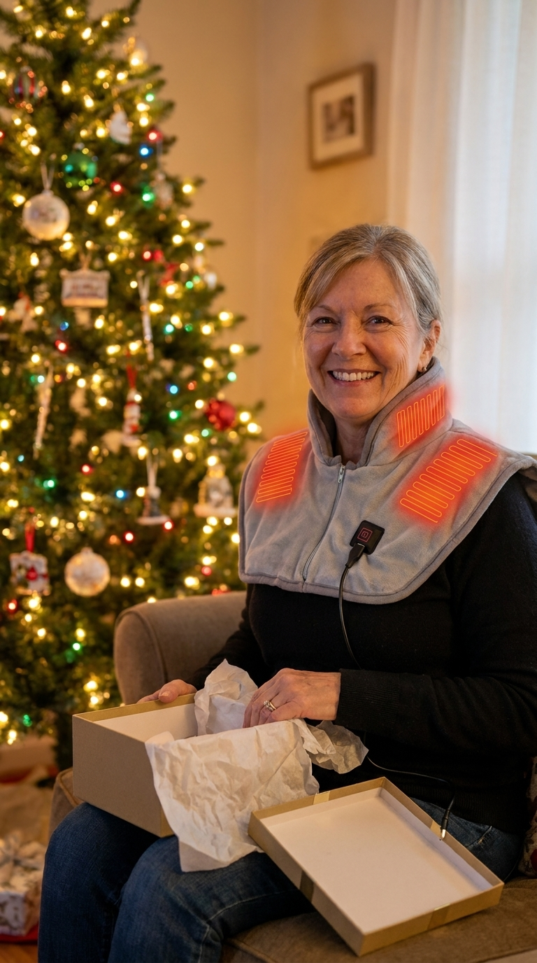 Opening the heated wrap as a Christmas gift